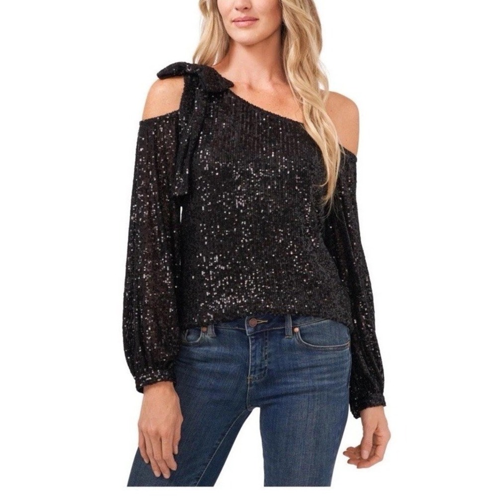 CeCe Womens Sequin Bow Long Sleeve One Shoulder Blouse, Black, Large